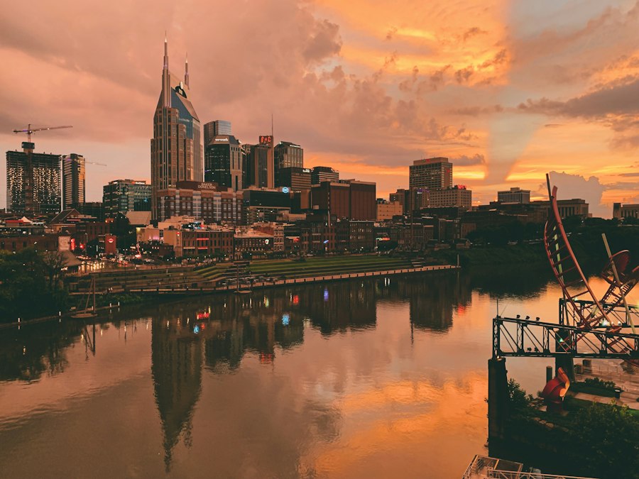 Nashville skyline reflected in the river at sunset