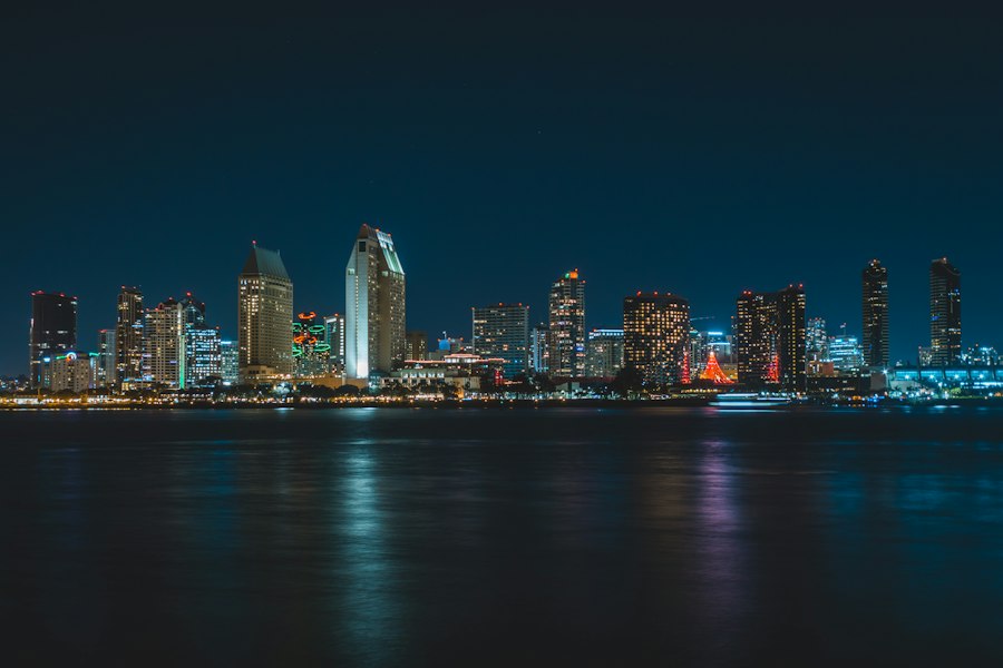 San Diego downtown skyline over the bay at night