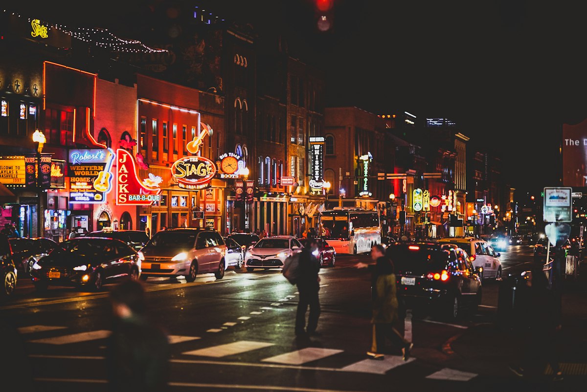 Nashville's Broadway lit up at night