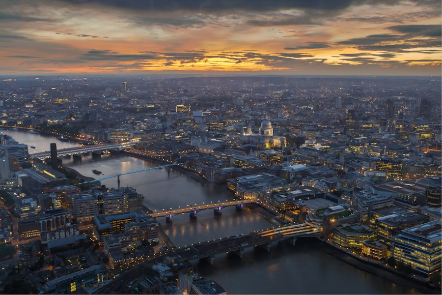 London skyline along the Thames at dusk